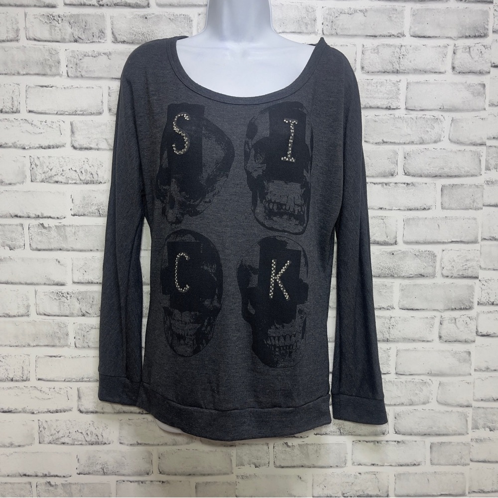 Teenage Runaway SICK Skull Lightweight Gray/Black Sweatshirt Medium